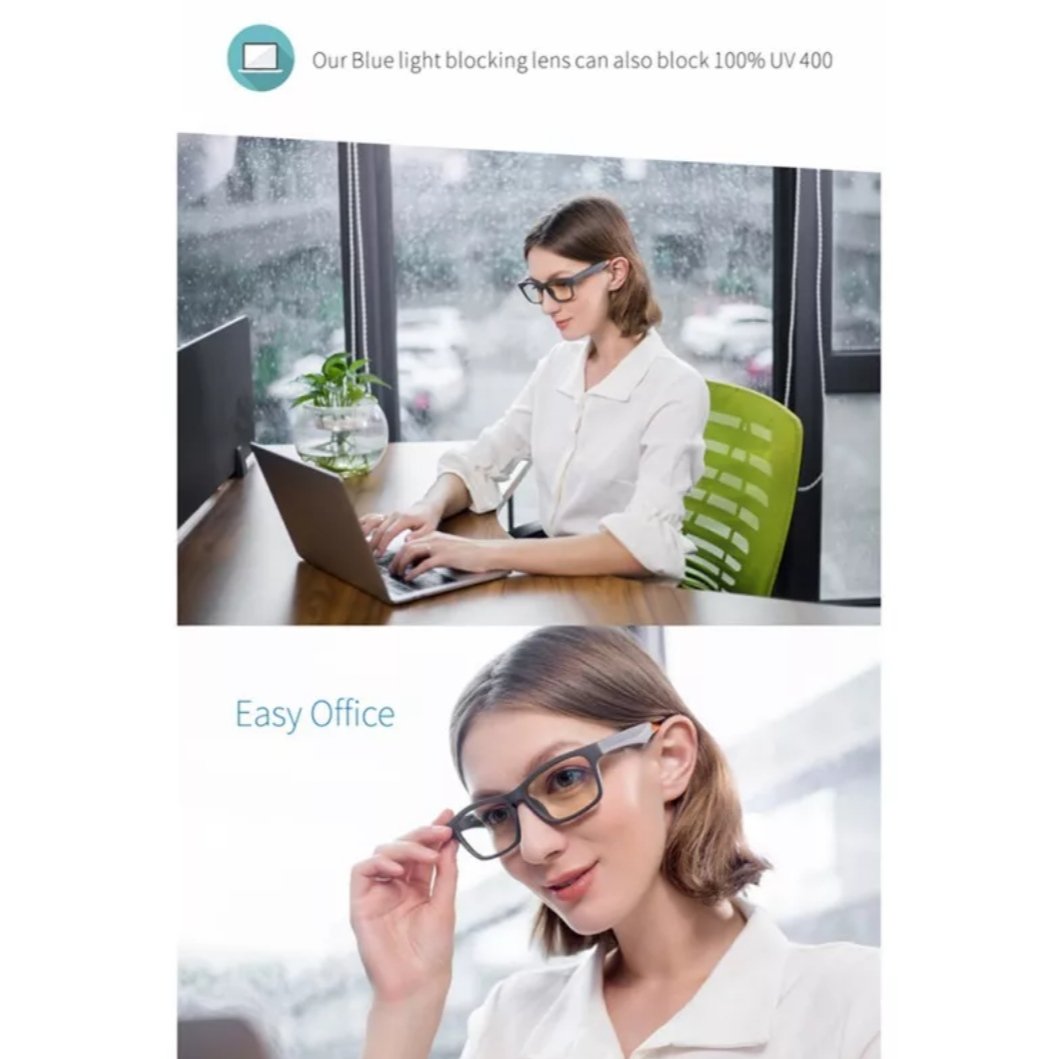 a girl wearing smart glasses in her office 